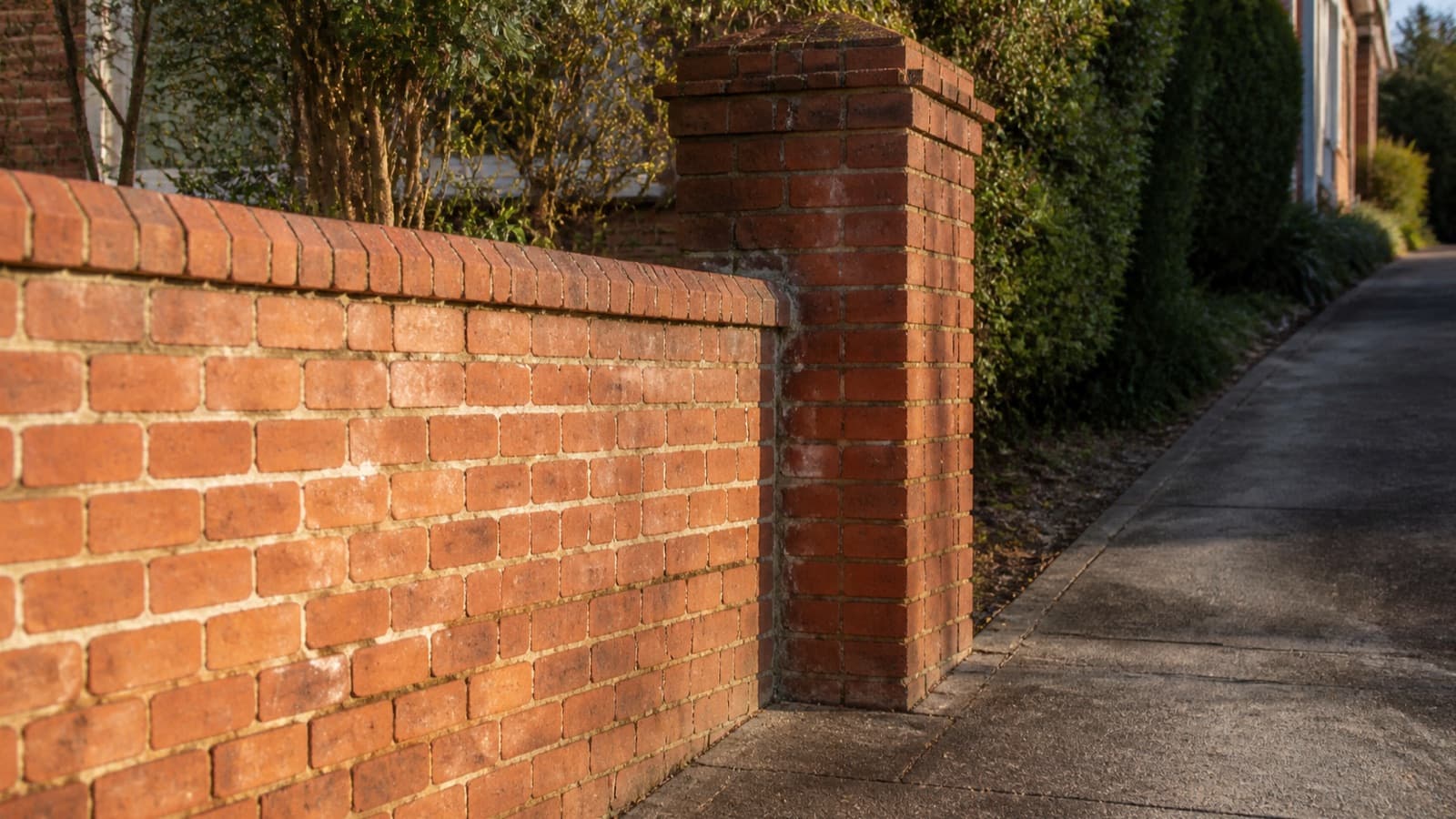 A red brick boundary wall and gate pier beside a domestic driveway in late afternoon light.